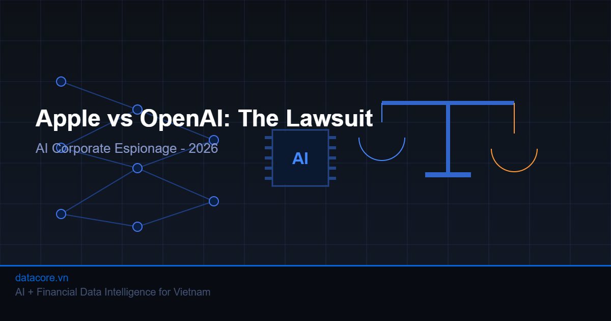 Apple vs OpenAI 2026 AI lawsuit - scales of justice and neural network visualization