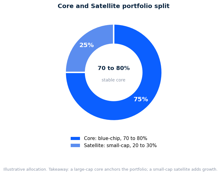 Core and Satellite portfolio allocation chart using the size figure: 70 to 80% blue-chip core, 20 to 30% small-cap satellite