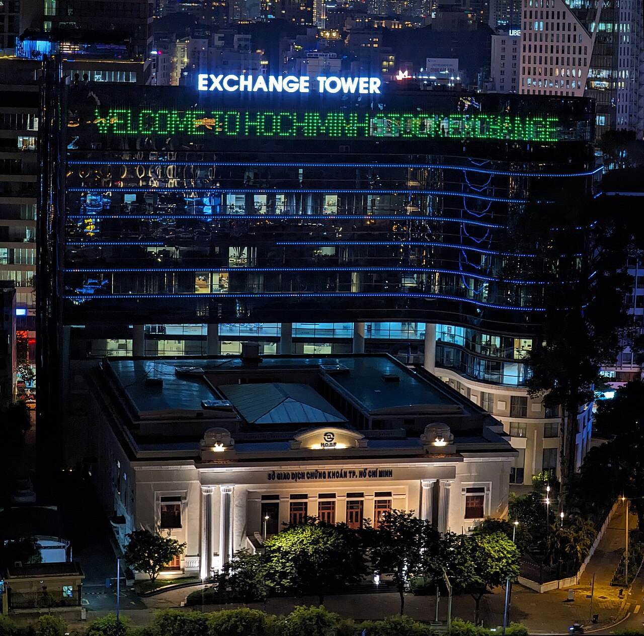 VN-Index home venue: the Ho Chi Minh Stock Exchange (HOSE) building in District 1 at night