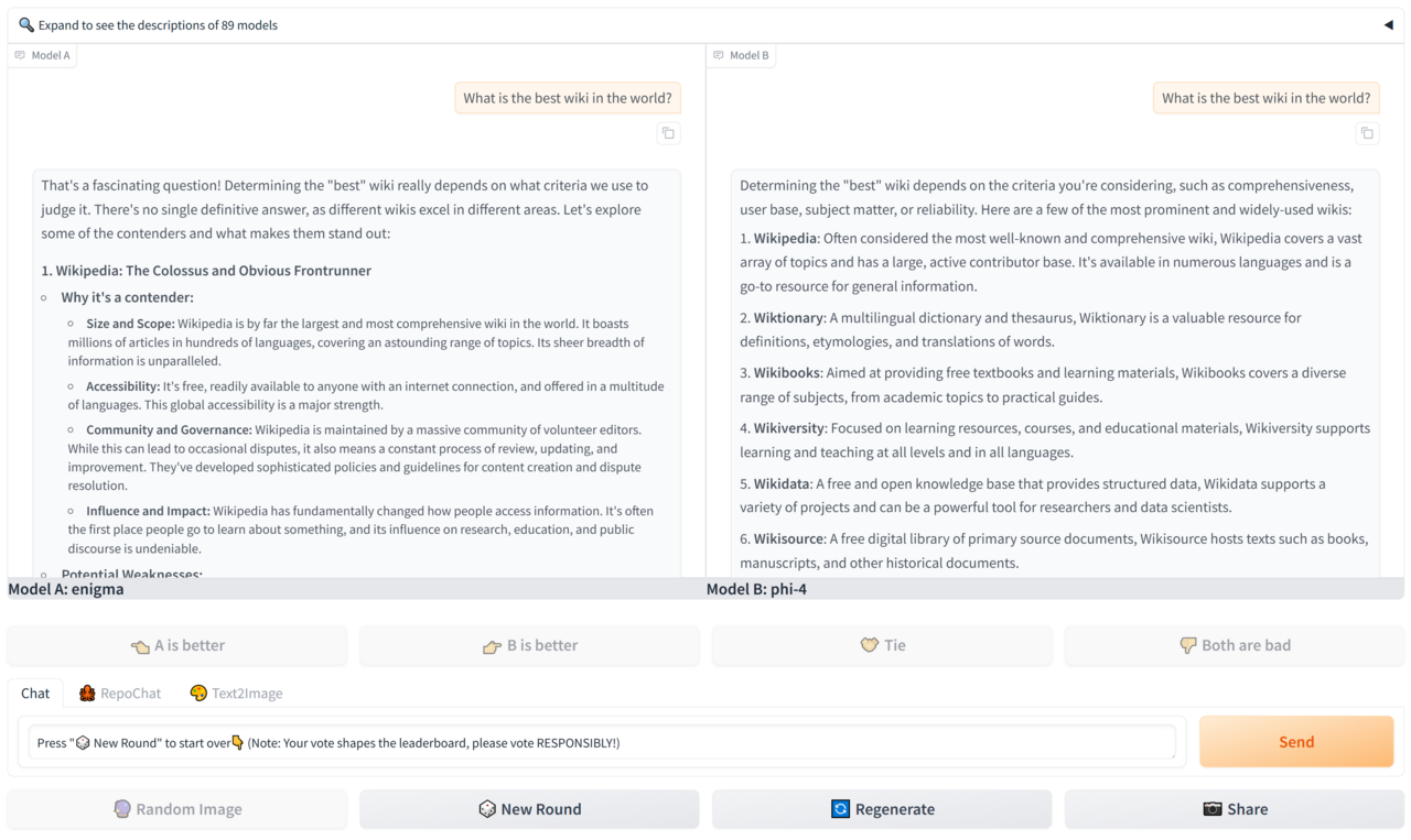 Giao diện đấu trường chatbot (chatbot arena) dùng để so sánh trí tuệ nhân tạo